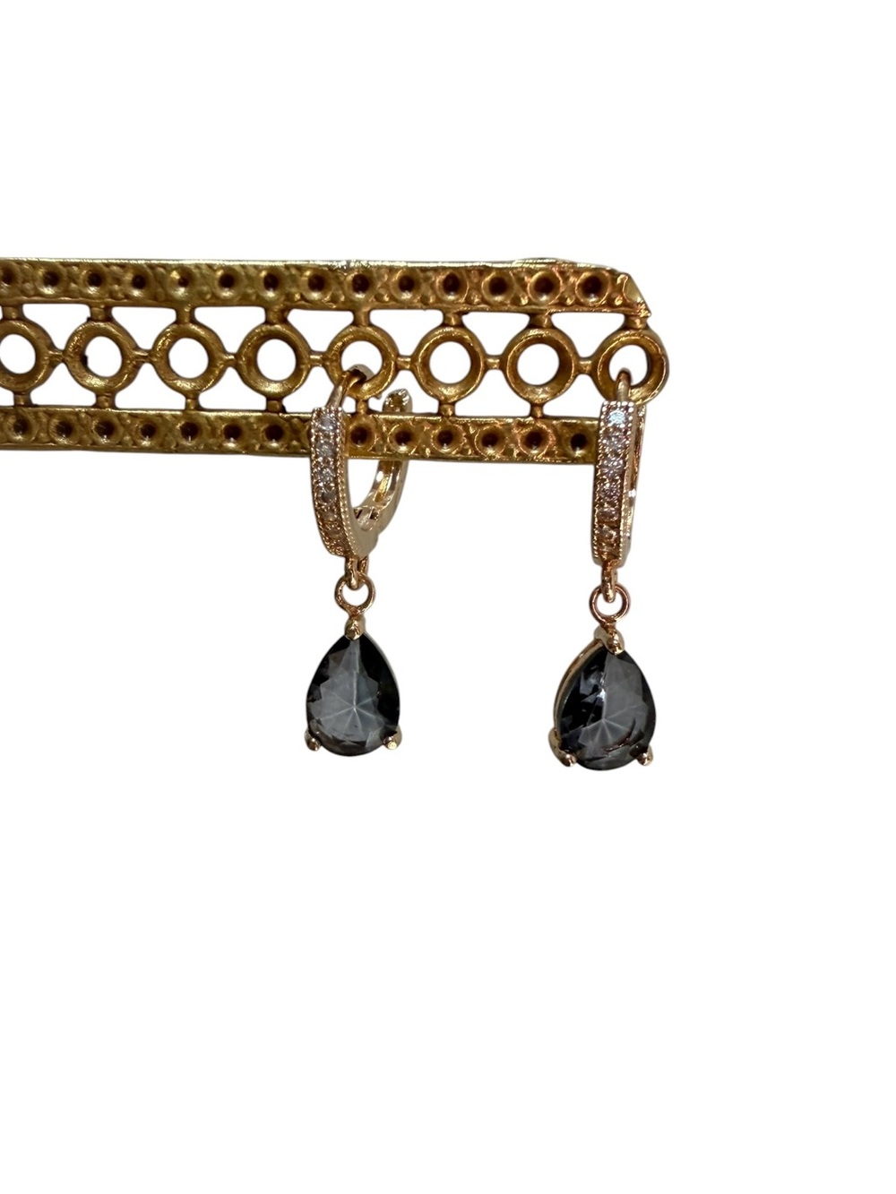 Gold Hoop with Pace CZs Drop Earrings with Dark Grey Teardrop Stones